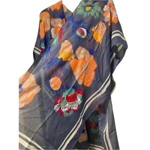 Women's Kimono Scarf Midi Accent Floral Blue Orange Pretty